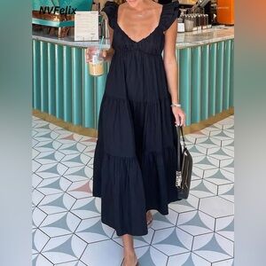 Elastic Neckline and Ruffle Sleeve Tiered Maxi Dress, Navy, Size M